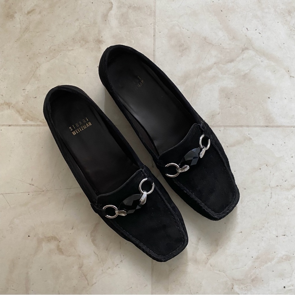 $325 Stuart Weitzman Hardrock Black Suede Square Toe Flats Loafers Size 6.5M